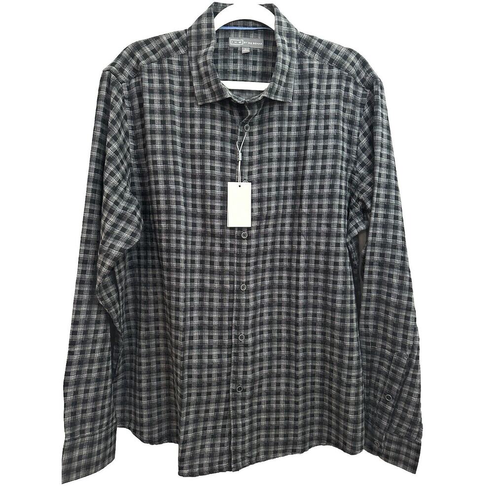 Ike Behar Men’s Black & Gray Check Long Sleeve Button Down Cotton Shirt NWT L